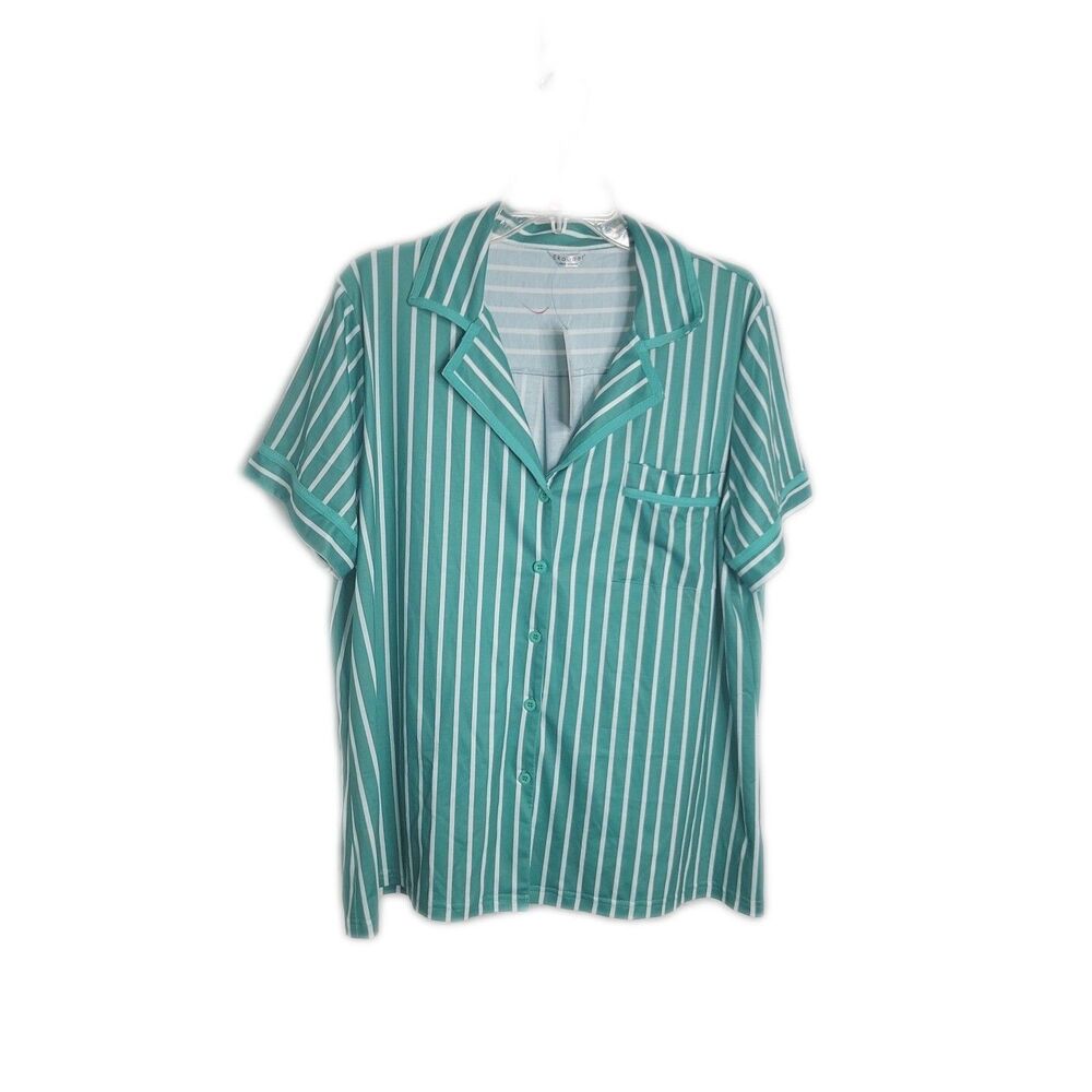 Ekouaer Button Up Collared Shirt Blouse ~ Sz XXL ~ Green & White ~ Short Sleeve